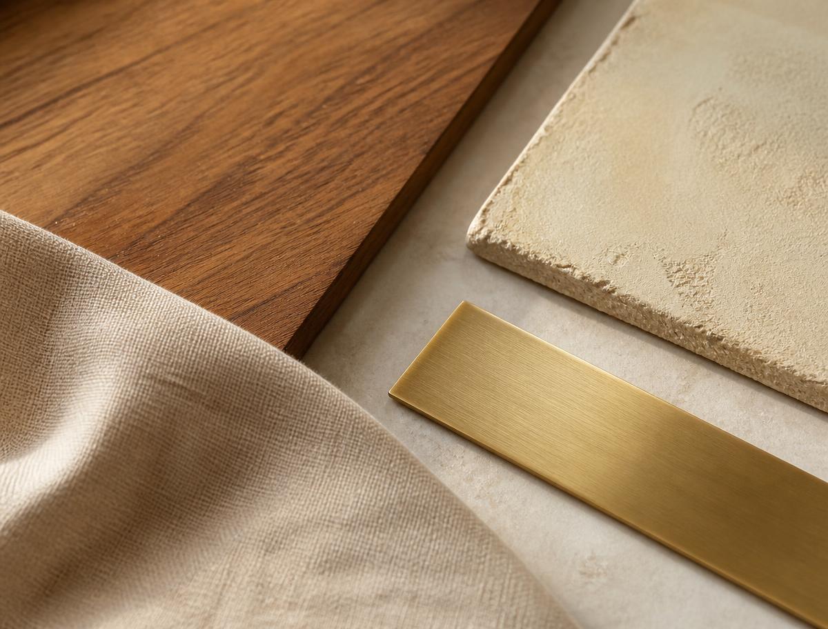 Teak, lime plaster, brushed brass and linen material samples